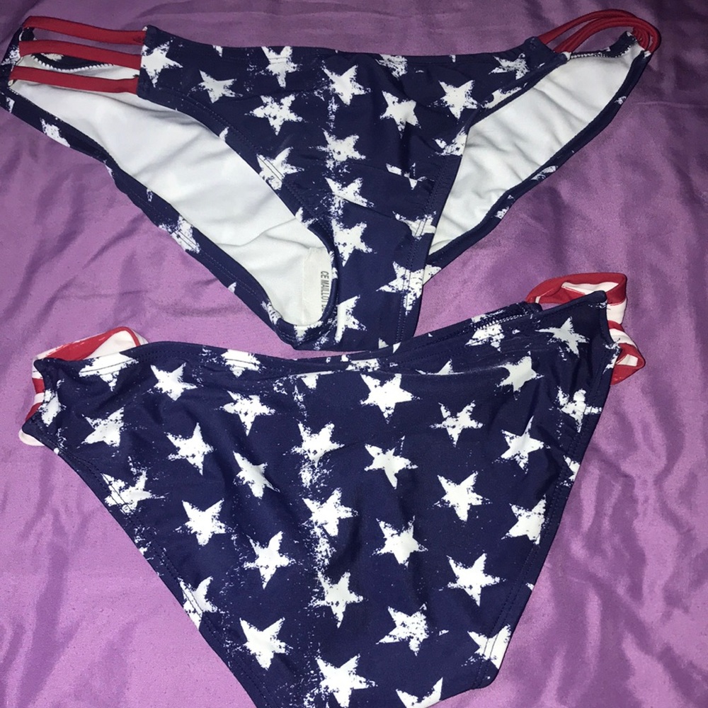 NEW NWT USA Bikini Bottoms Red white Blue Stars red band size small and med